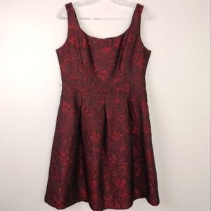 KASPER Dress Red/Black Floral Brocade Fit & Flare Box Pleated Dress Sz. 12